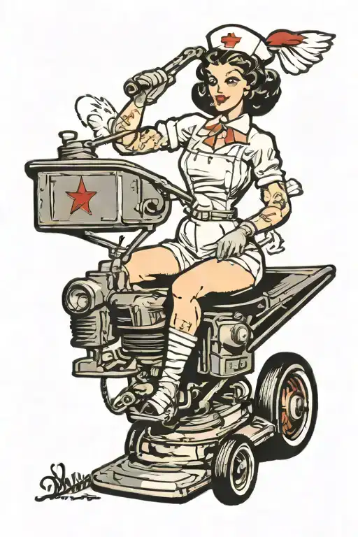nurse pin up girl pushing mower tattoo design idea