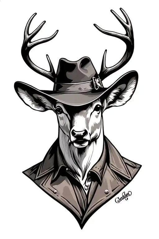 A tattoo of a buck's head with Arthur Morgan's gambler hat on its head tattoo design idea