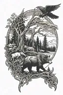 Viking forest with bear, wolf, and eagle tattoo design idea