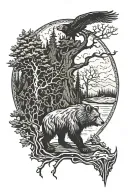 Viking forest with bear, wolf, and eagle tattoo design idea