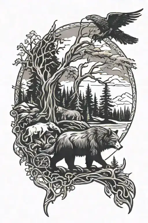 Viking forest with bear, wolf, and eagle tattoo design idea