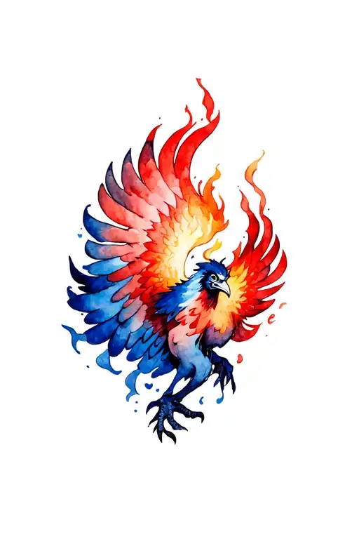 Flying flame phoenix with wide wings and angry face is rising from red and blue flame what is around him tattoo design idea