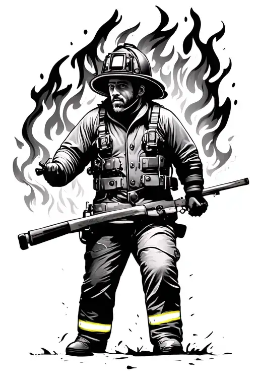 firefighter battling flames engulfing tattoo design idea