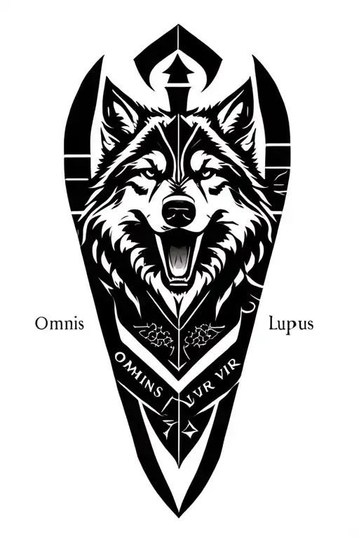 howling wolf with a sickle and the words omnis vir lupus tattoo design idea