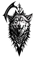 howling wolf with a sickle and the words omnis vir lupus tattoo design idea