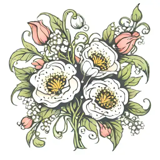 aster poppy Lilly of the valley flowers intertwined tattoo design idea