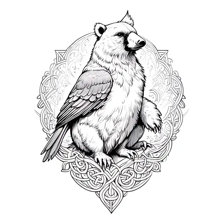 celtic bear with cardinal sitting on shoulder tattoo design idea