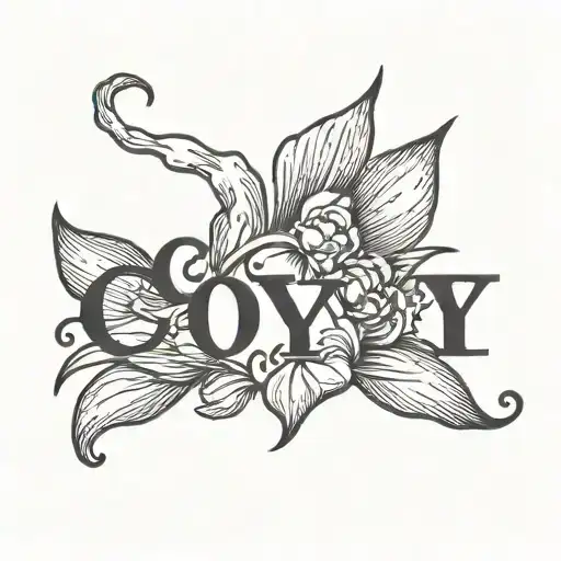Create a minimalist tattoo design with the word 'COY' in bold, simple sans-serif font, in solid black. Beneath 'COY,' pl tattoo design idea