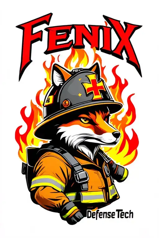 "Fenix Defense Tech" Tough Fox wearing firefighter gear, surrounded by flames. Helmet has maltese cross fire symbol. tattoo design idea