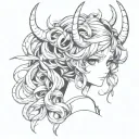 Anime, horns, cute, lust, line drawing, simplistic, hand drawn, tattoo, monotone tattoo design idea