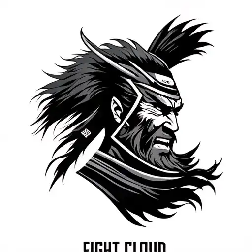 A powerful side-view samurai head in mid-attack pose, designed as a tattoo logo for the title "Fight Cloud". The samura tattoo design idea