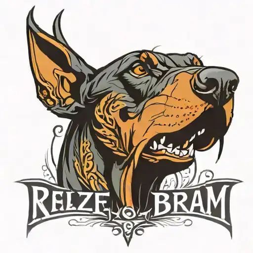 Angry doberman with word "realize" under him tattoo design idea