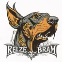 Angry doberman with word "realize" under him tattoo design idea