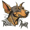 Angry doberman with word "realize" under him tattoo design idea