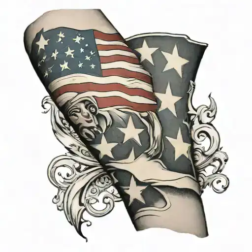 worn American flag waving forearm sleeve black grey tattoo tattoo design idea