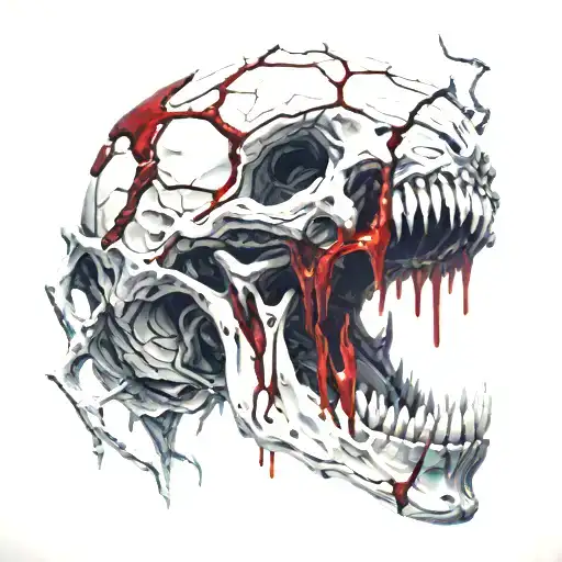 White Dkull, Cracked, Bloody, No Jawbone, no bottom teeth, melting, decrepit Dark red blood, tattoo design idea