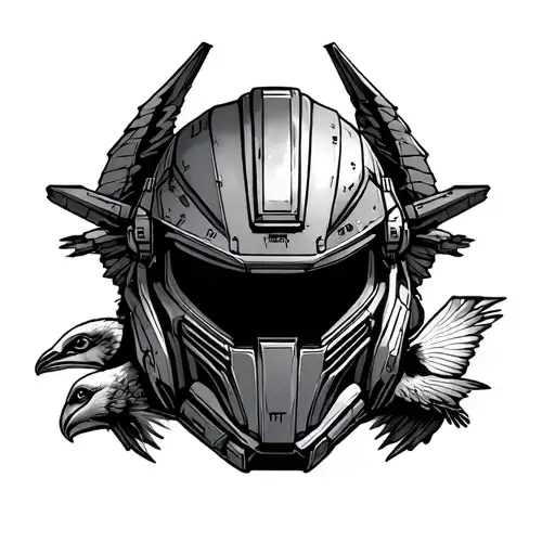 StarLord Helmet surrounded by an arwing, razorcrest, Crusader C1 Spirit, and a halo Pelican. tattoo design idea