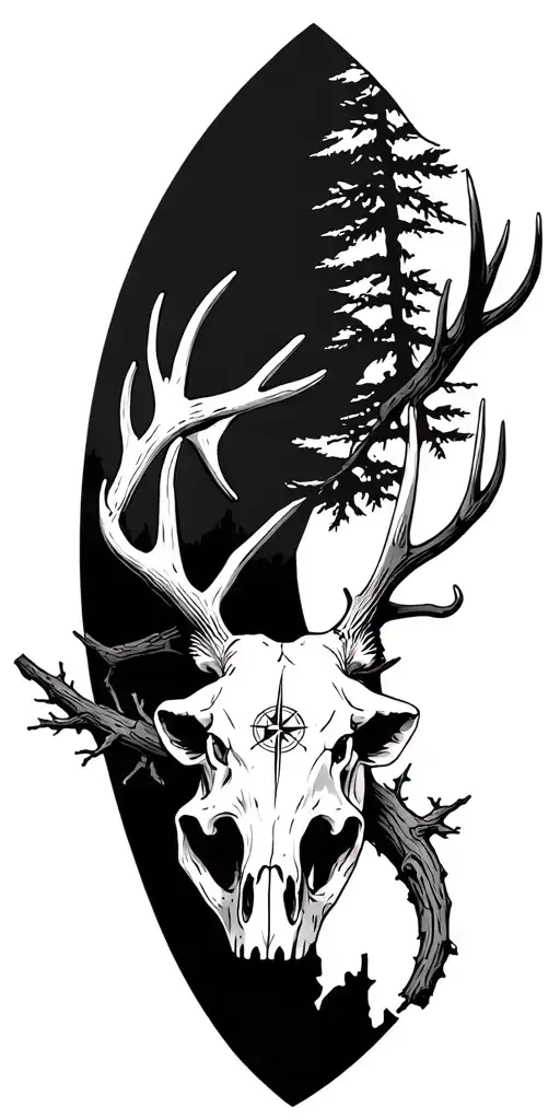 compass elk scull mountains spruce tree branches tattoo design idea
