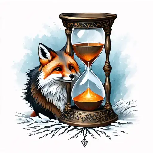 Hourglass, runes of luck, wealth, the name Anna, a fox. All this in the Scandinavian style of the Middle Ages tattoo design idea