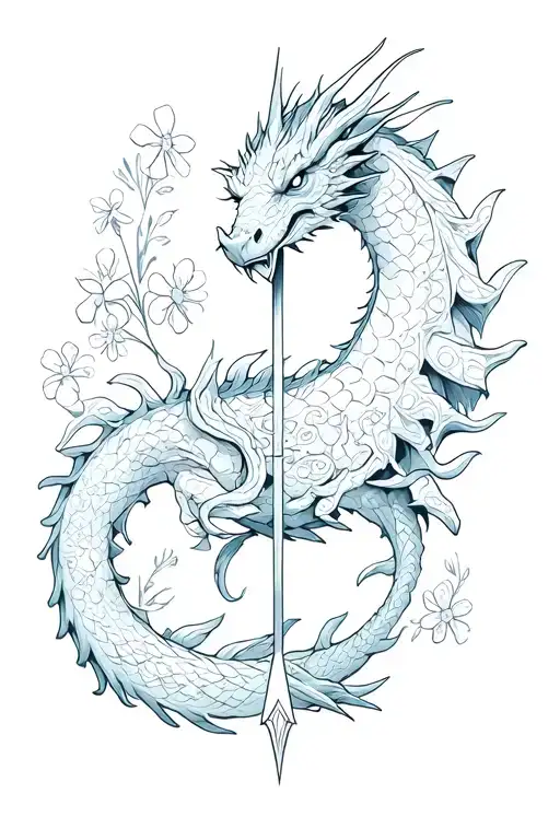 a arrow surrounded by a dragon and forget-me-nots tattoo design idea