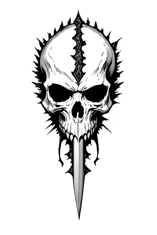 serrated blade, skull head, massacre, sejmitar tattoo design idea