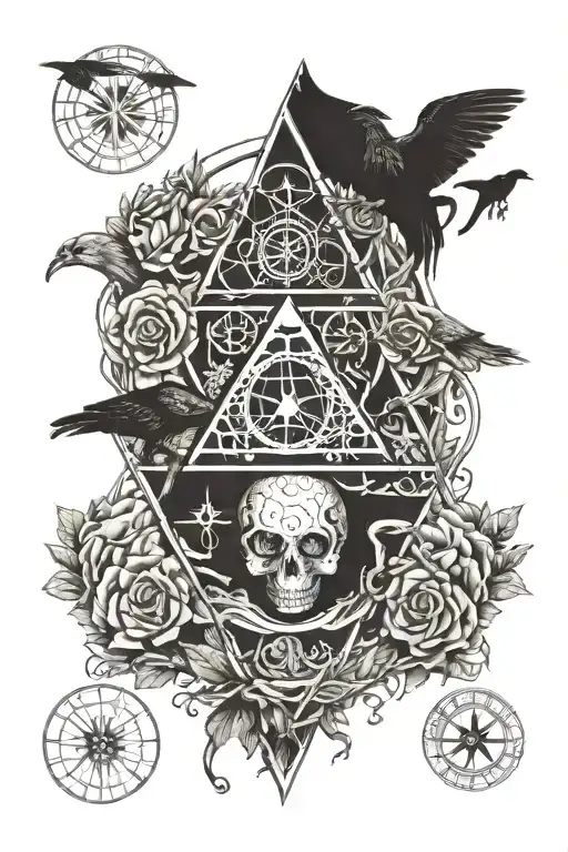 tree,roses,pyramid,waterfall,moon,yinyang,crow,dragons,snakes,wales,skull,wheelchair,eyeball tattoo design idea