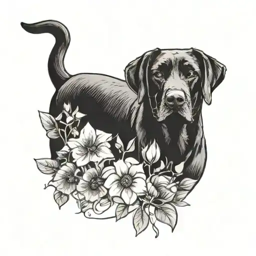 2 Black Labs with flowers surrounding tattoo design idea