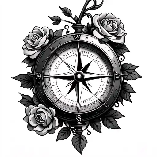 maritime compass with rose vine wrapping tattoo design idea