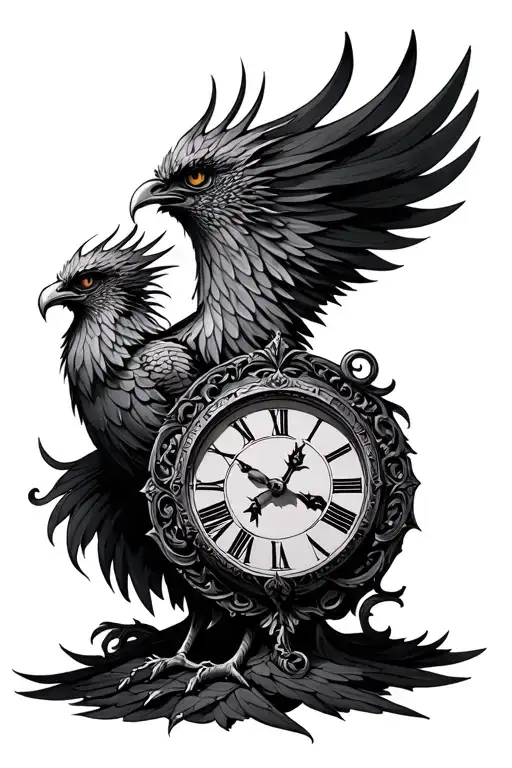 angre Phoenix with clock face tattoo design idea
