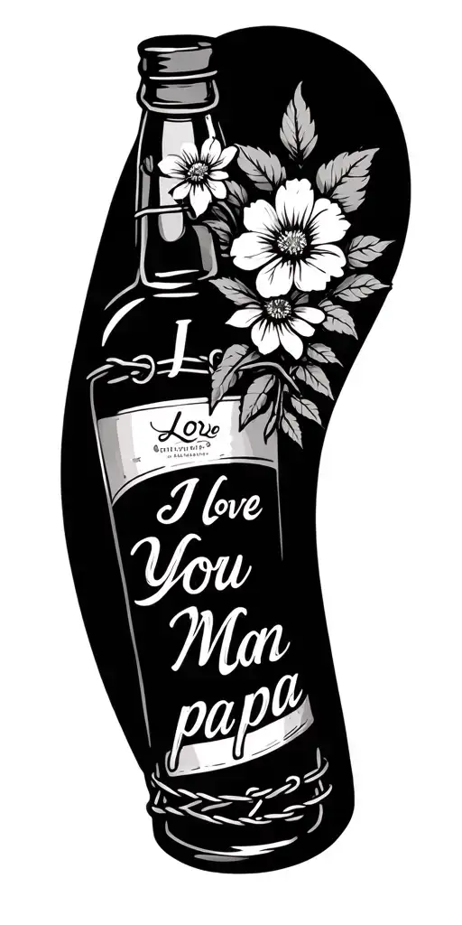 "I love you man papa" Whisky bottle with flowers and barbered wire tattoo design idea