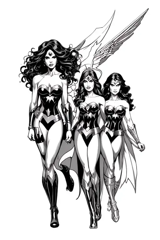 female superheroes black widow, queen ramonda, general okoye, Wonder Woman, Electra, gamora, Jem, rainbow Brite, she-ra tattoo design idea