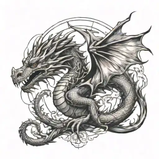 Combine elements of 90s R&B album covers with a realistic dragon design tattoo design idea