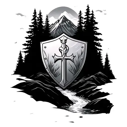 Templar shield metal outline with forest and mountain in the background with stream in the middle towards mountains tattoo design idea