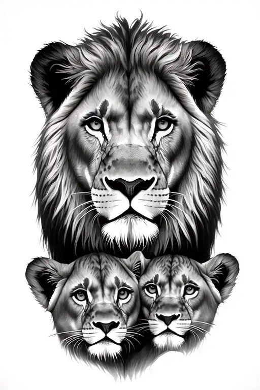 lion, lioness, 3 cubs face only tattoo design idea