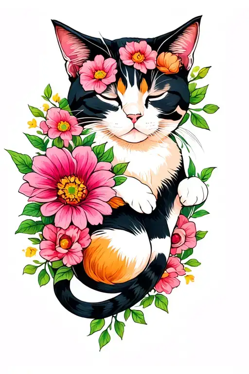 flowers with sleeping cat curled tattoo design idea