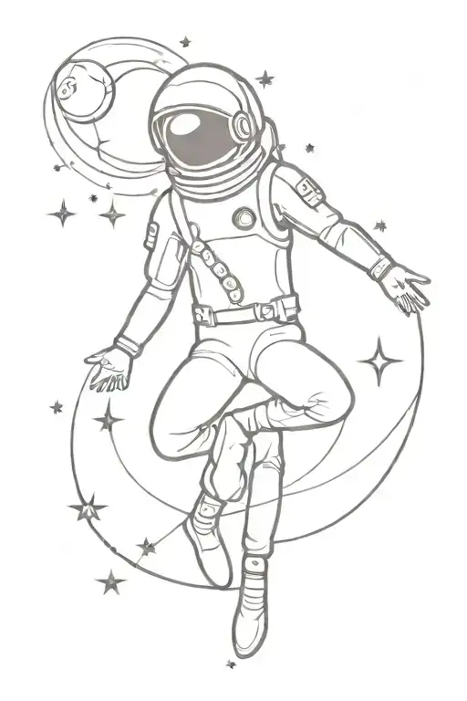 astronaut meditating with sun, moon, shooting star and Uranus tattoo design idea