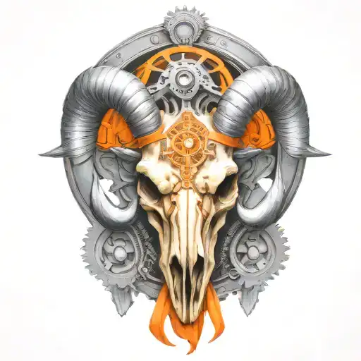rocky mountain ram skull,  tattered orange ribbon, gears, airbrushed, chrome tattoo design idea
