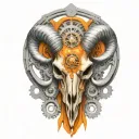 rocky mountain ram skull,  tattered orange ribbon, gears, airbrushed, chrome tattoo design idea