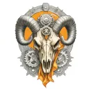 rocky mountain ram skull,  tattered orange ribbon, gears, airbrushed, chrome tattoo design idea