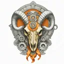 rocky mountain ram skull,  tattered orange ribbon, gears, airbrushed, chrome tattoo design idea