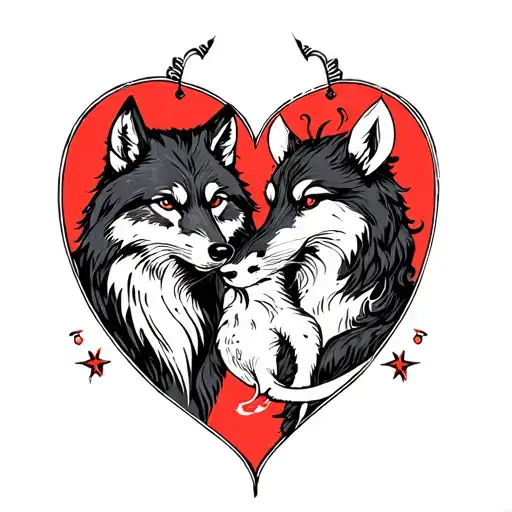 wolf and a mouse in a heart shape with star tattoo design idea