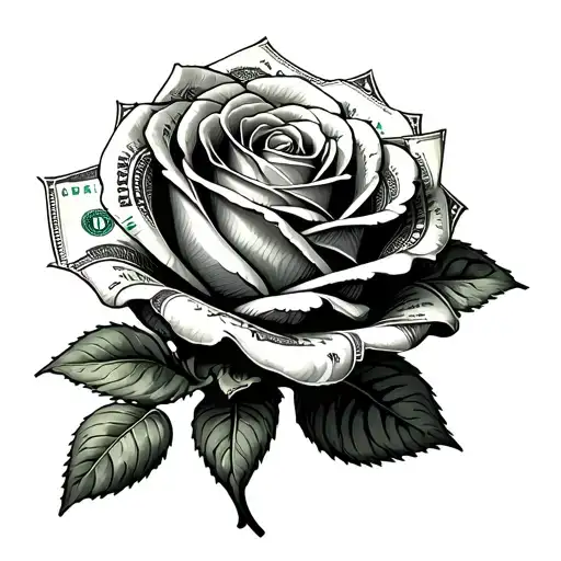 a rose made up of 100 dollar bills forming the shape. no leaves tattoo design idea