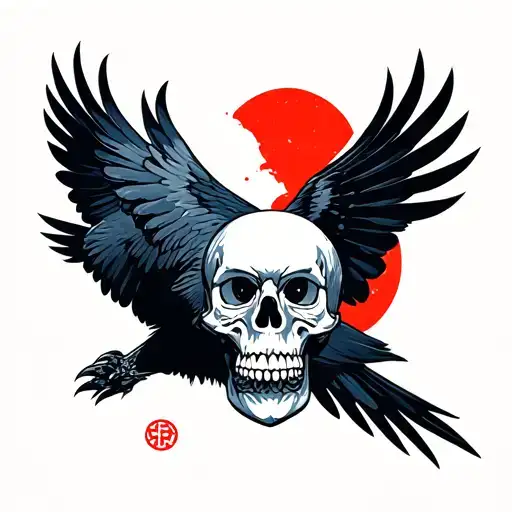 flying crow holding skull tattoo design idea