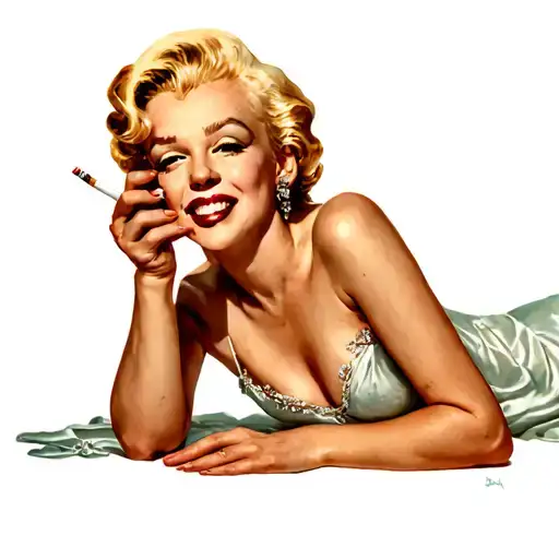 "ultra realistic" marilyn monroe  lies down and holds a cigarette in one hand and smiles tattoo design idea