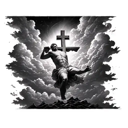 cross with man falling into clouds floating tattoo design idea