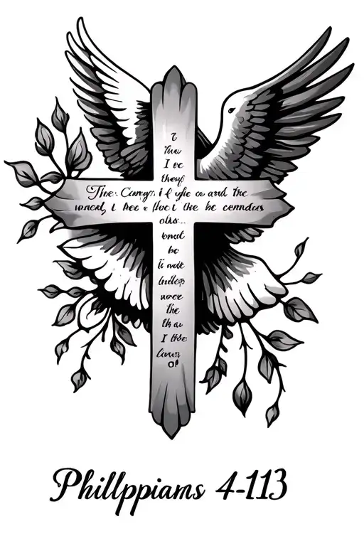 cross tattoo, dove, bible verse Philippians 4:13 tattoo design idea