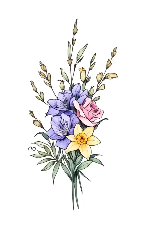 dainty bouquet of gladiolus, sweet pea, rose, daffodil with a little bit of color tattoo design idea