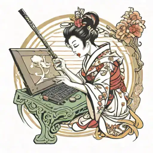 A traditional Japanese Geisha playing a golf swing, with a computer mouse and keyboard incorporated into the design tattoo design idea