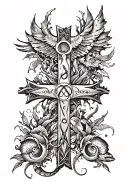 A bold Five-Fold Cross tattoo, featuring integrated Alpha, Omega, and Ichthys symbol tattoo design idea