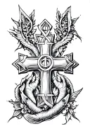 A bold Five-Fold Cross tattoo, featuring integrated Alpha, Omega, and Ichthys symbol tattoo design idea